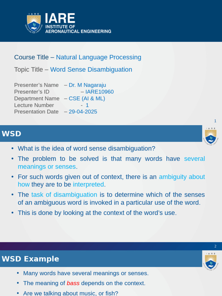 NLP Mod4 Lec1 Word Sense Disambiguation | PDF | Cognitive Science ...