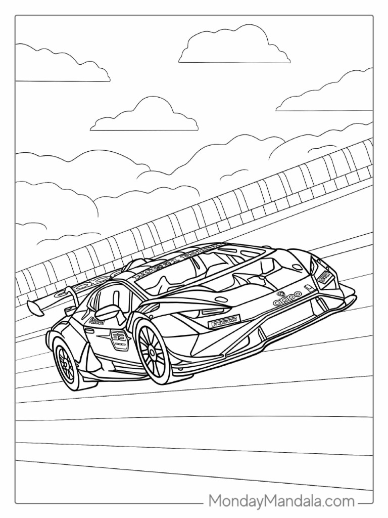 Sports Car on Race Track to Color PDF