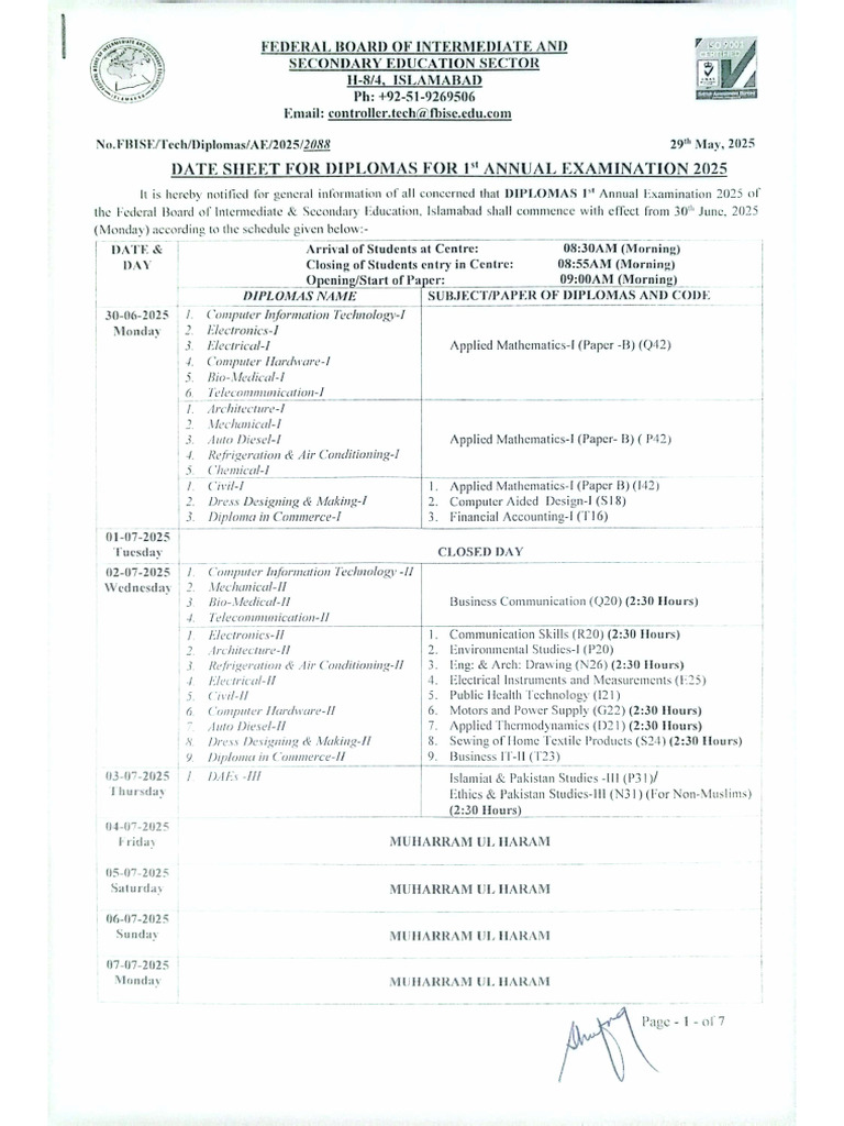 Datesheet Diploma 1st A 2025 | PDF