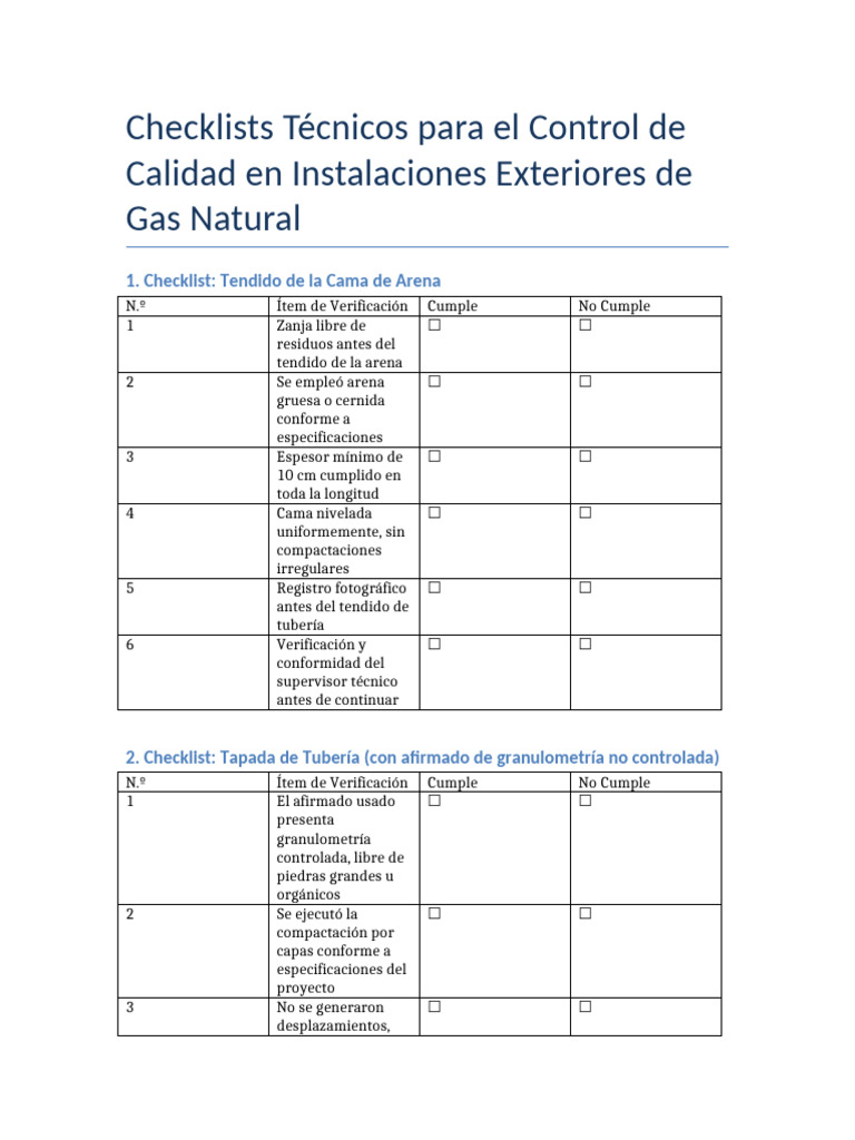 Checklists de Control de Calidad Gas Natural | PDF