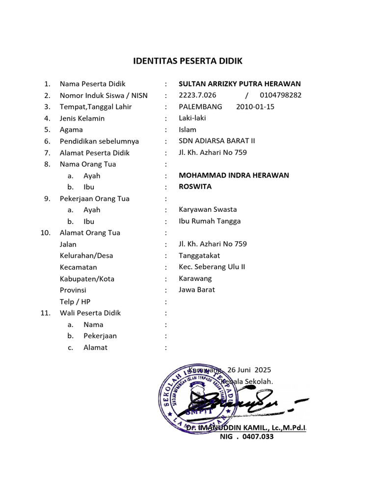 Identitas Rapor - Sultan Arrizky Putra Herawan | PDF