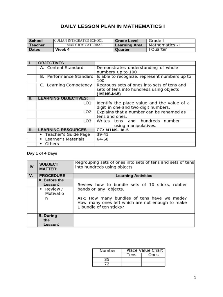 Grade 1 Math Lesson Plan: Place Value | PDF | Cognition | Learning