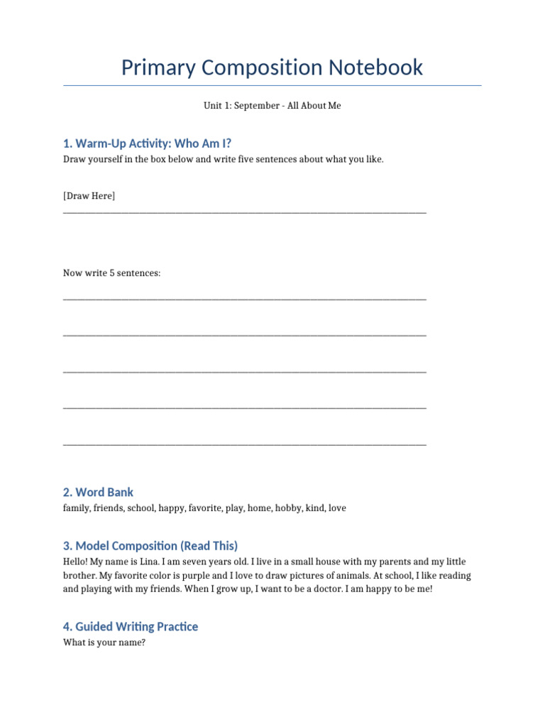 Primary Composition Notebook Unit1 All About Me | PDF | Chess Theory ...
