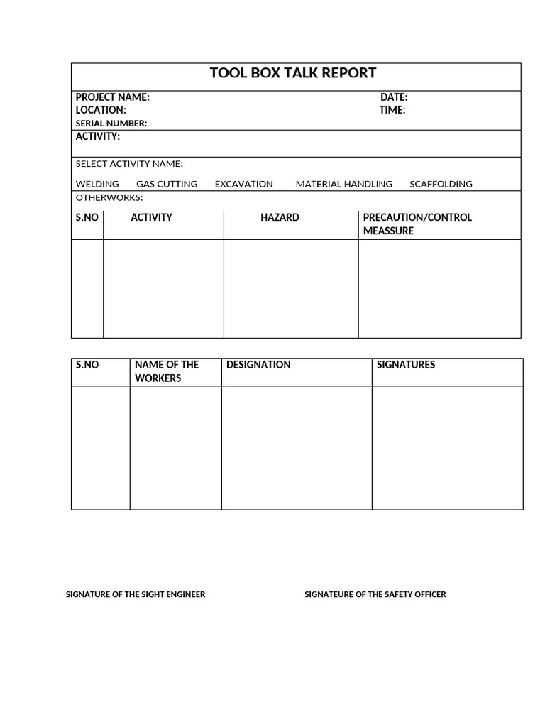 Toolbox Talk Report Template | PDF