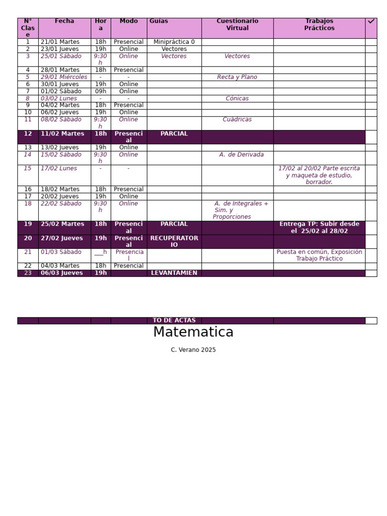 Calendario de Clases de Matemáticas 2025 | PDF