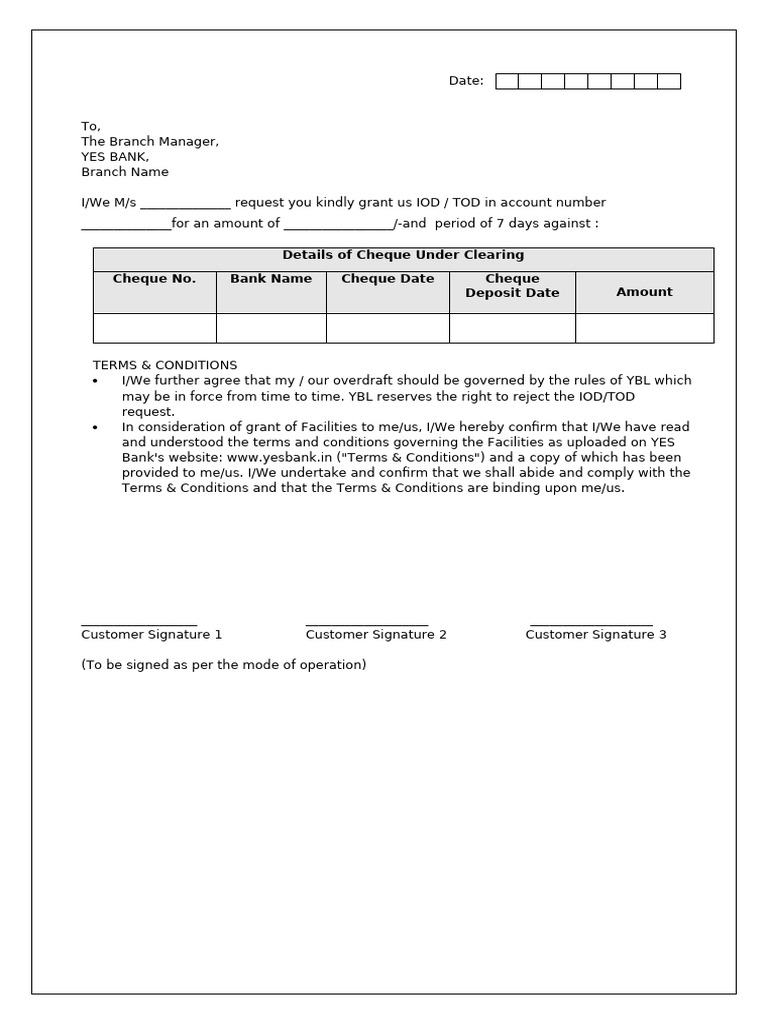 YES Bank IOD/TOD Request Form | PDF