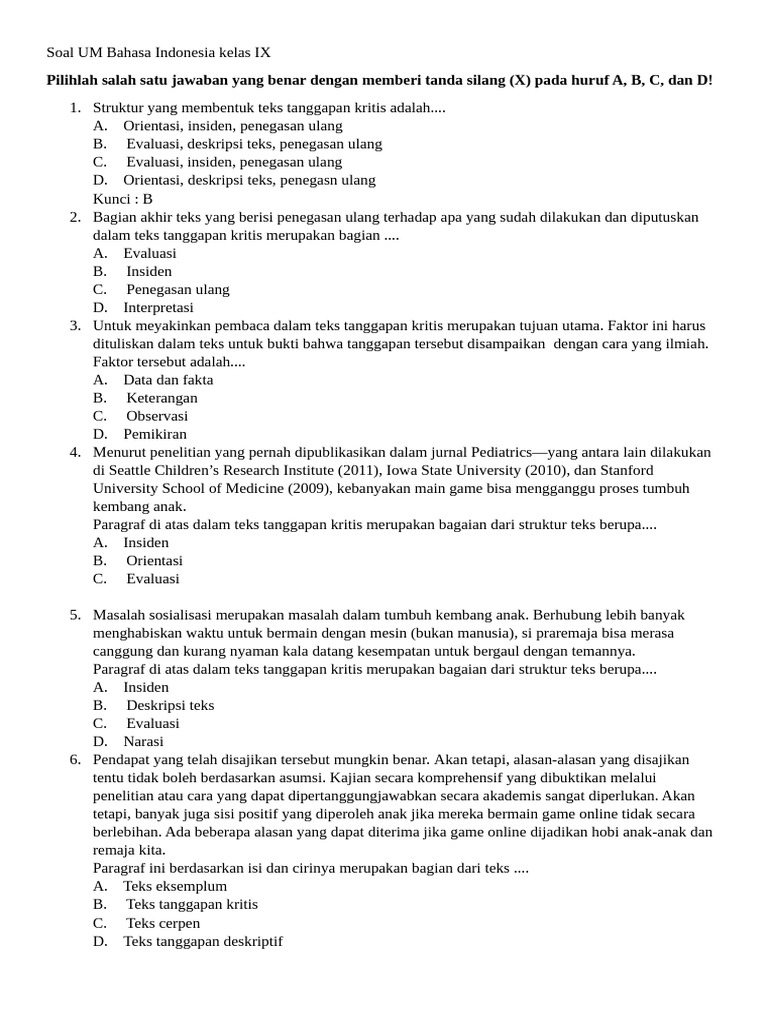 Soal UM Bahasa Indonesia Kelas IX | PDF