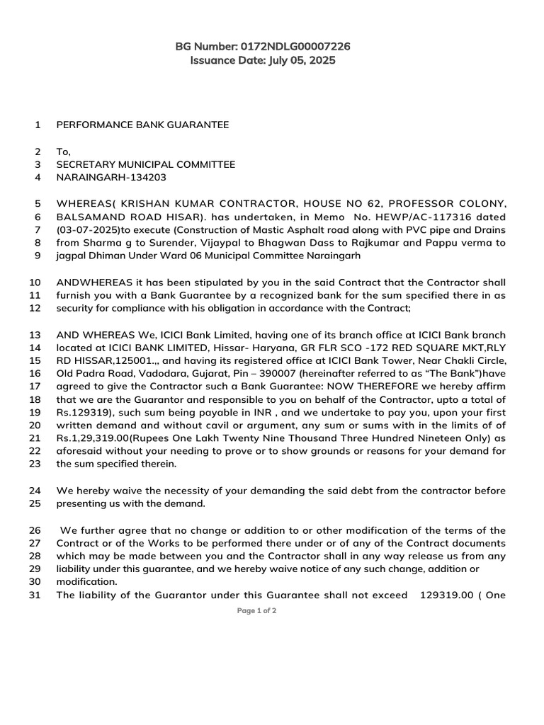 Performance Bank Guarantee for Contractor | PDF | Surety | Contract Law