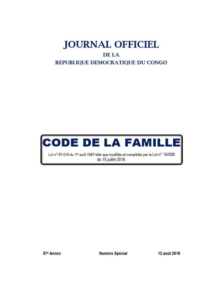 Code de la Famille Congolais 2016 | PDF | Naturalisation | République ...