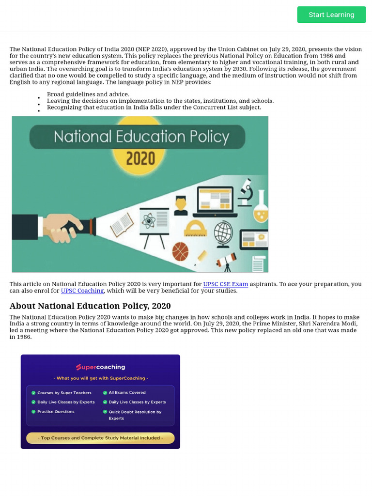 National Education Policy 2020 - Highlights, Features & Benefits | PDF