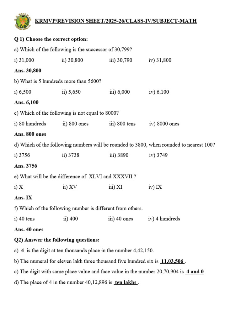 Class IV Math Revision Sheet 2025-26 | PDF