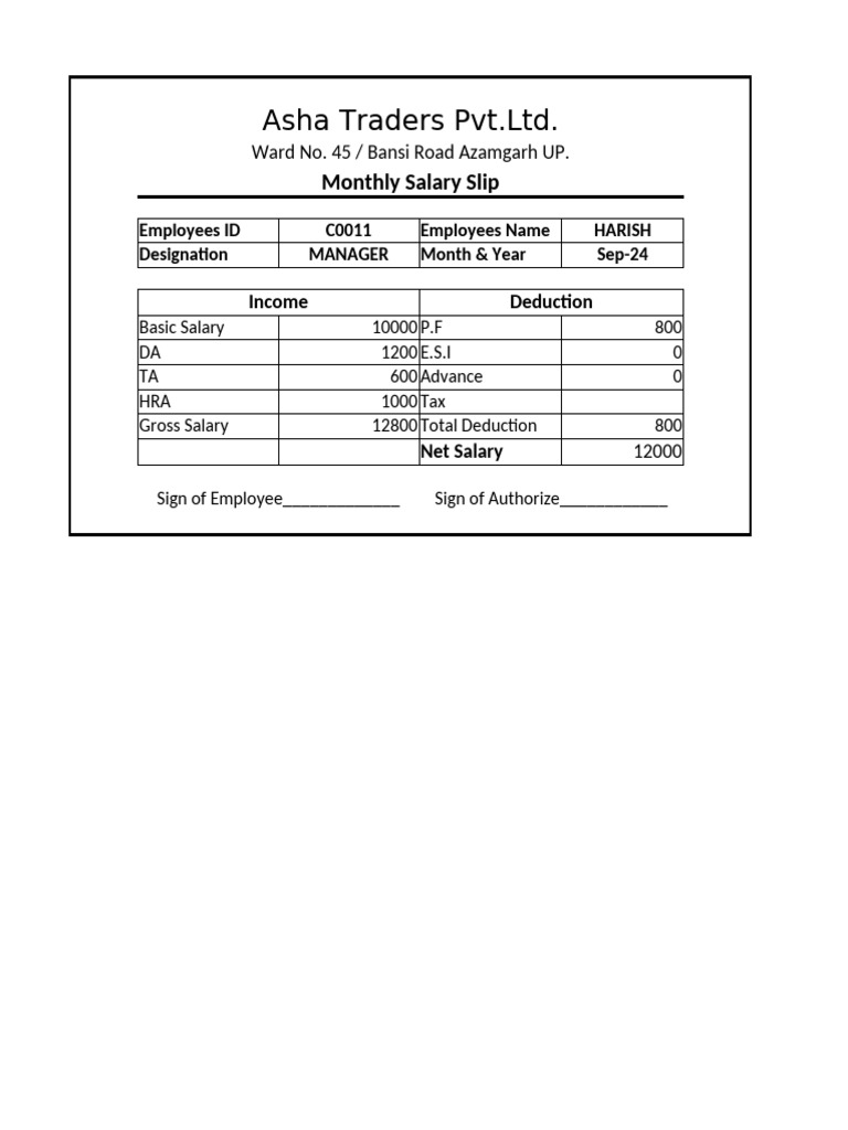 Monthly Salary Slip for Asha Traders | PDF
