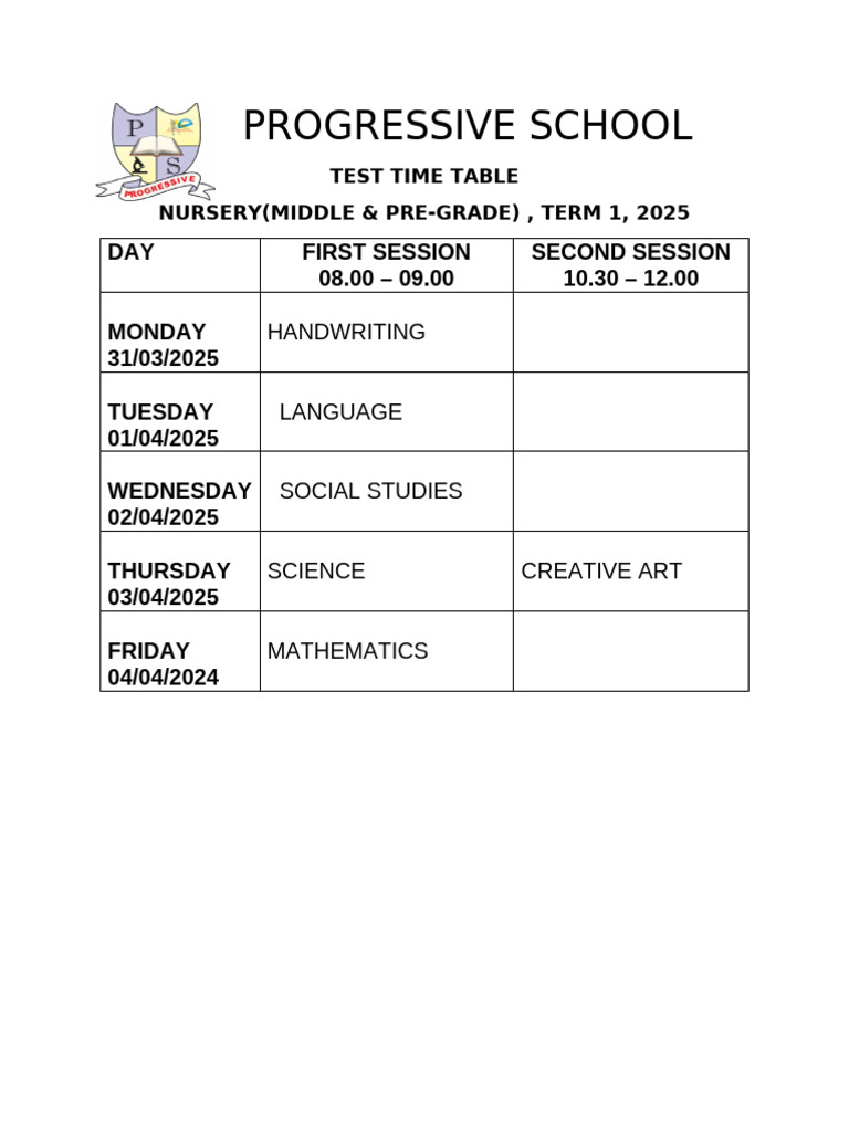 Nursery Exam Timetable 2025 | PDF