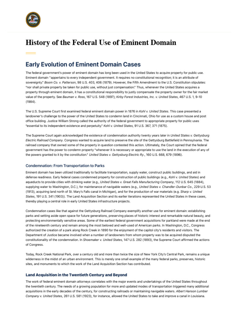 Federal Eminent Domain History Explained | PDF | Eminent Domain | The ...