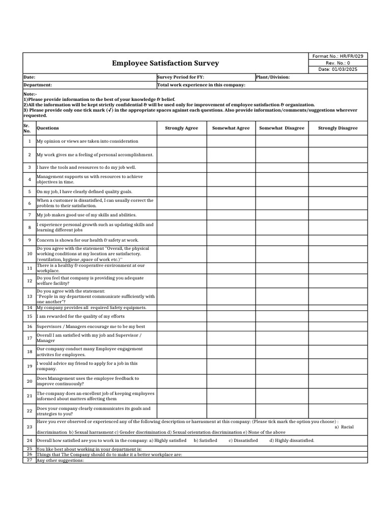 Employee Satisfaction Survey 29 | PDF | Job Satisfaction | Harassment