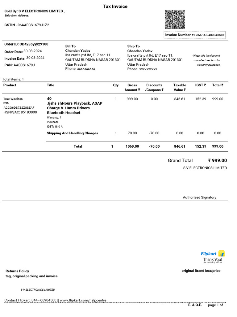 Invoice for Bluetooth Headset Purchase | PDF | Taxes