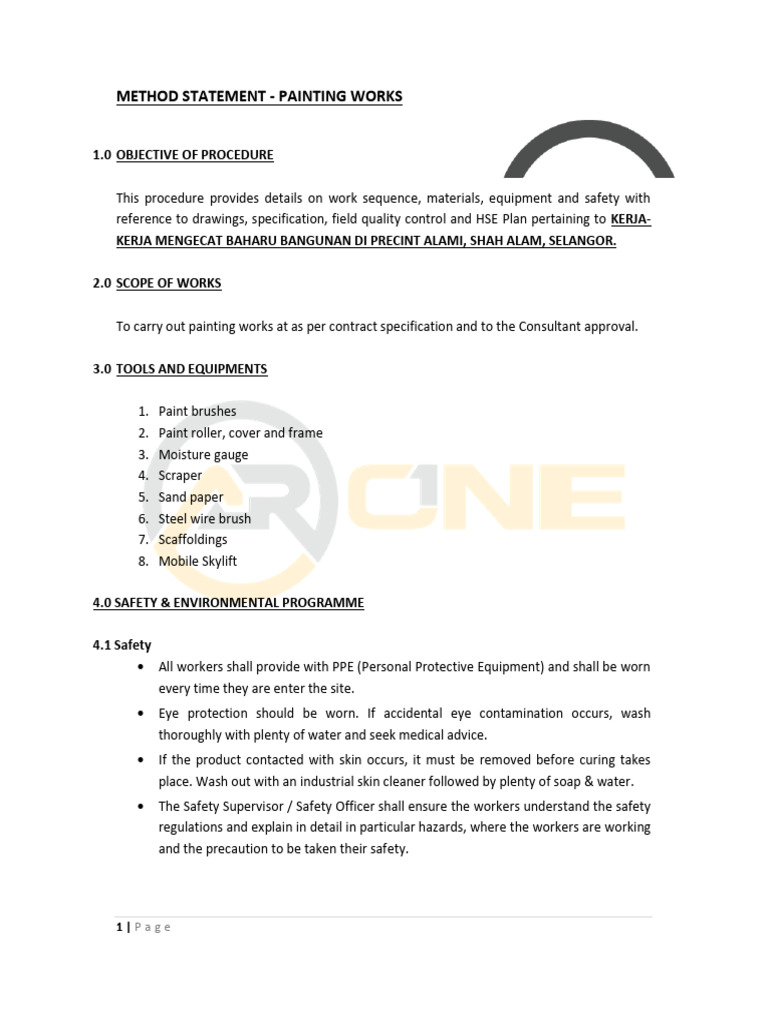 Painting Works Method Statement | PDF | Paint | Personal Protective ...