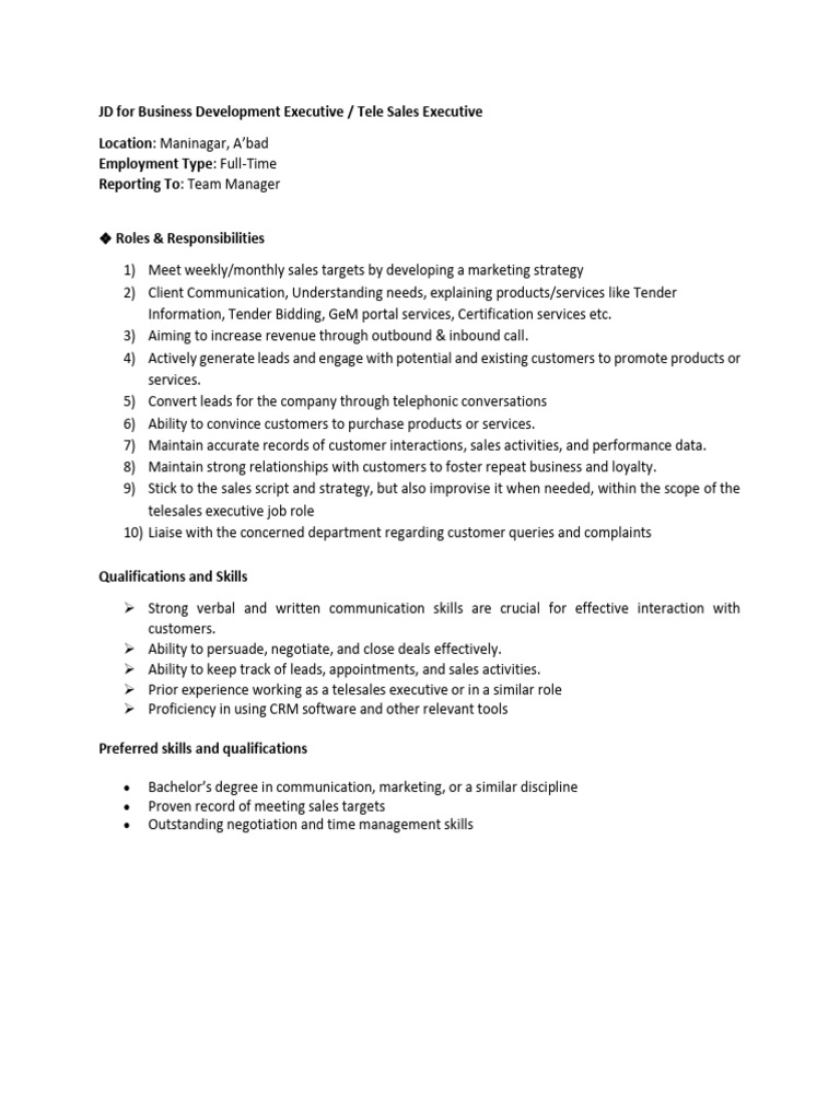 JD For Business Development Executive | PDF