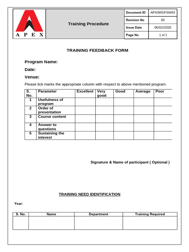 APX Learning Training Feedback Form | PDF