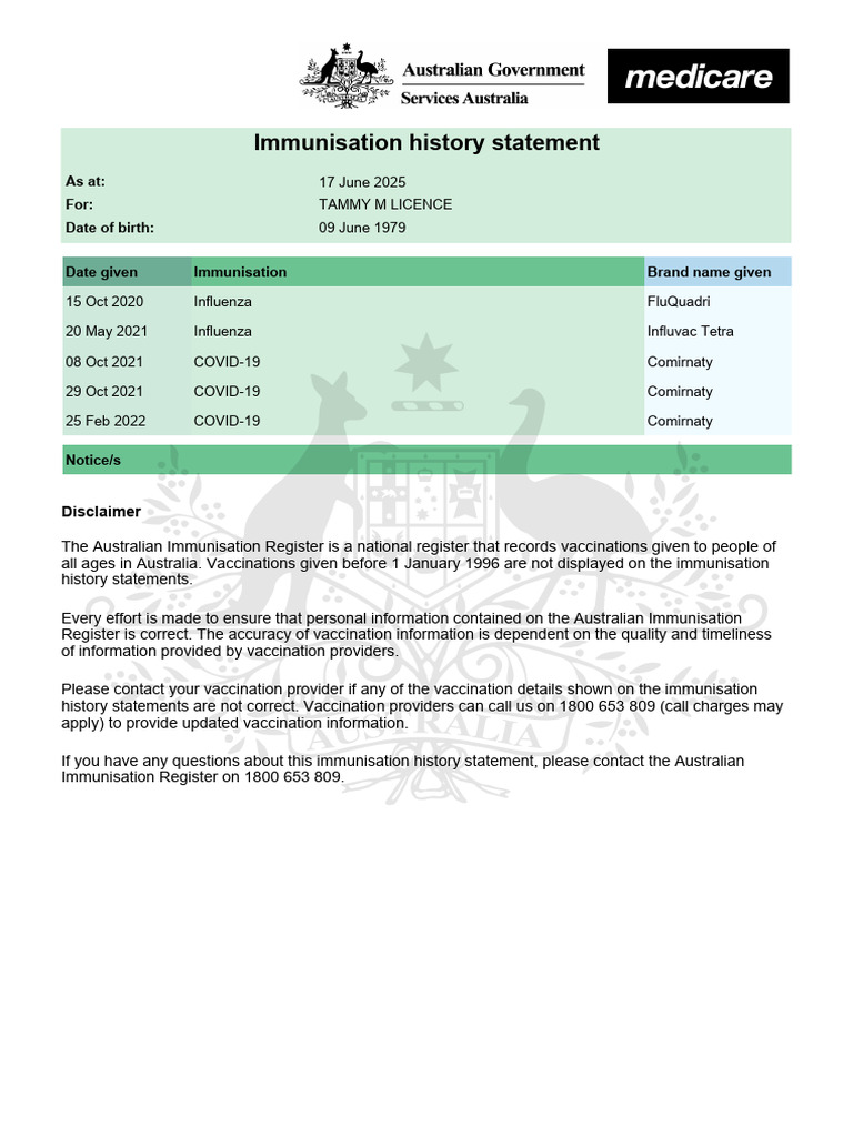 Immunisation History Statement for Tammy | PDF | Influenza Vaccine ...