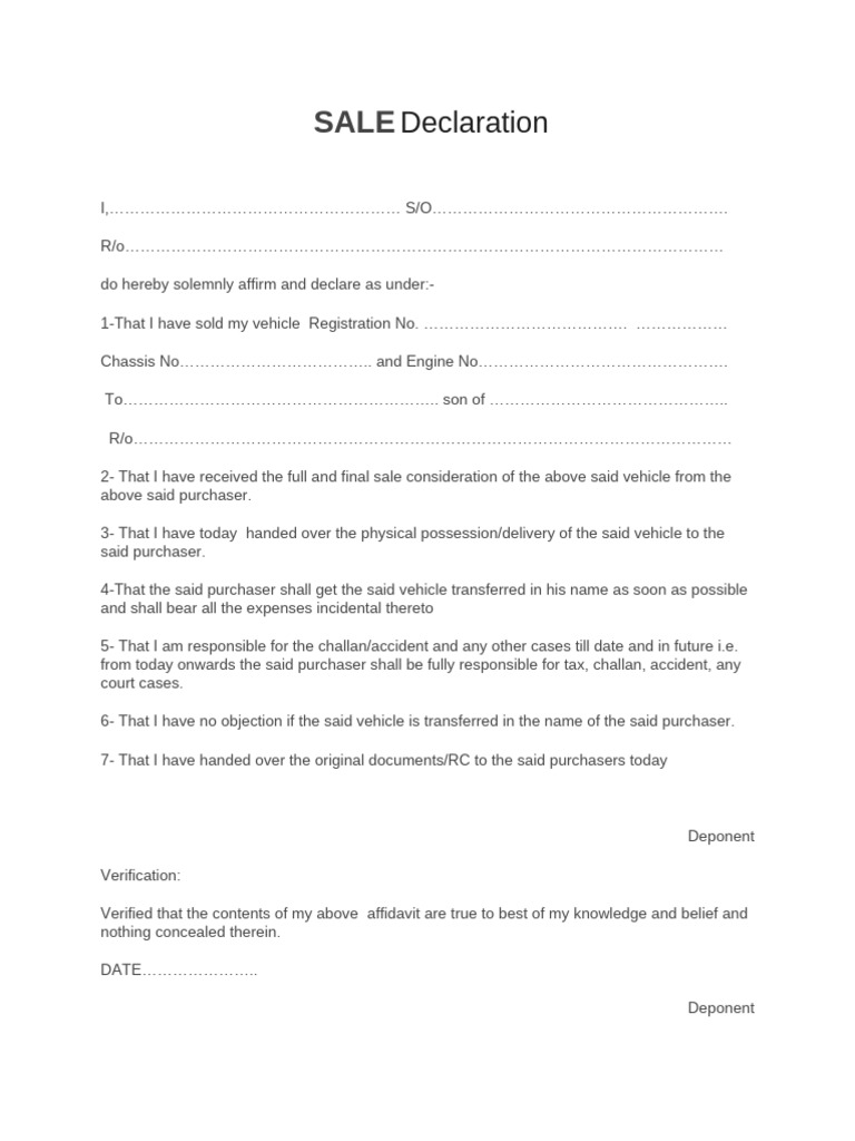 Vehicle Sale Declaration Affidavit | PDF