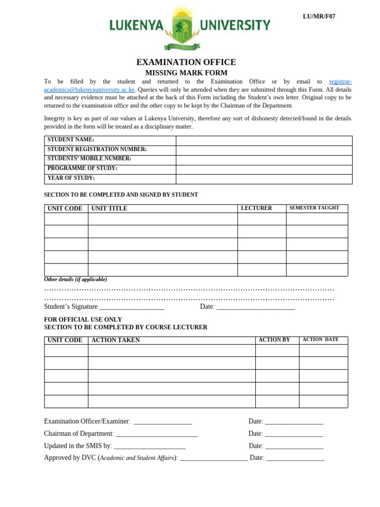 Lukenya University Missing Mark Form | PDF