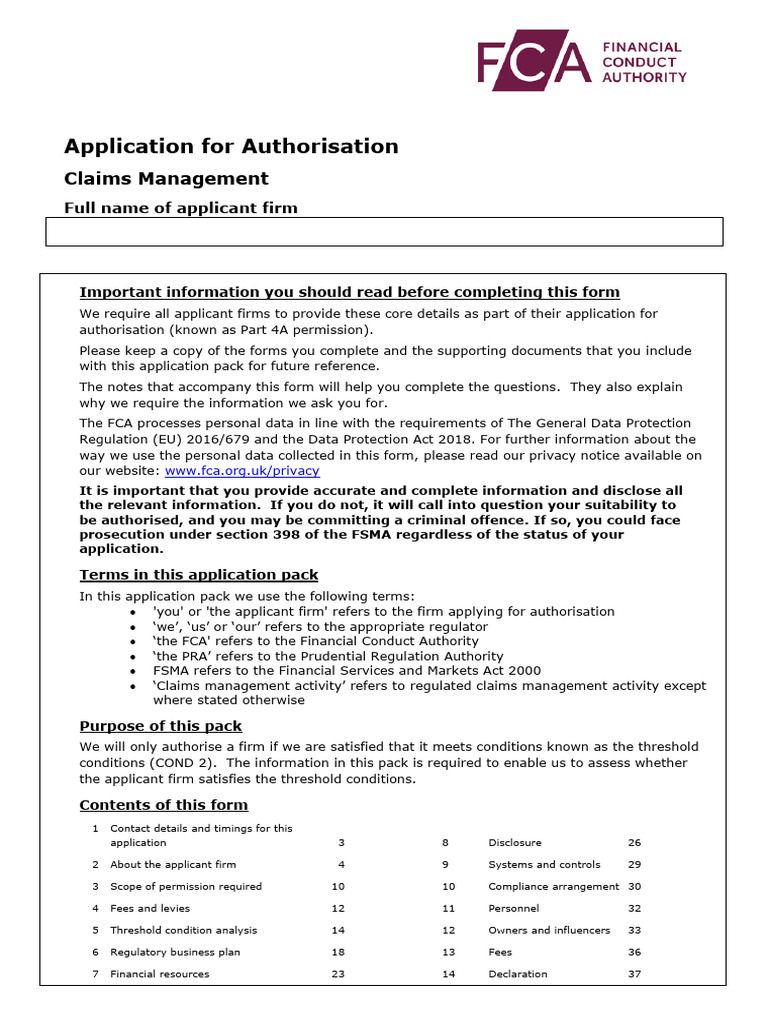 FCA Claims Management Authorisation Guide | PDF | Income Statement ...