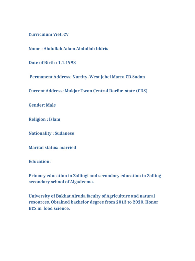 Curriculum Vitae of Abdullah Adam | PDF