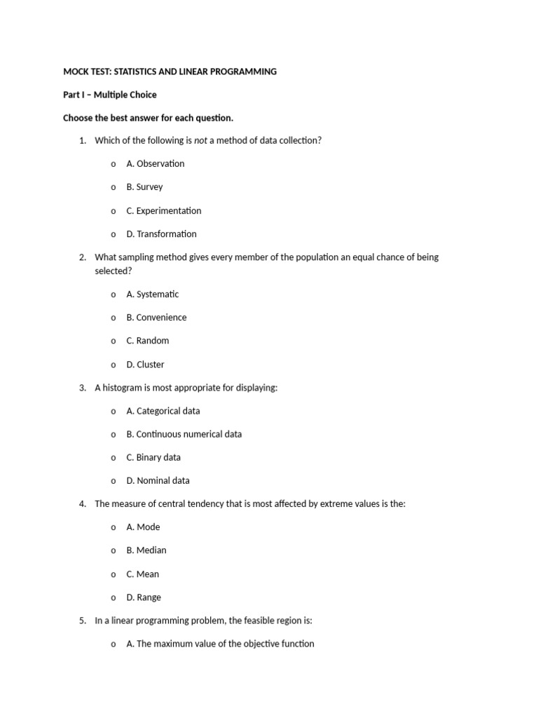 MOCK TEST Linear Programming | PDF | Mode (Statistics) | Standard Deviation
