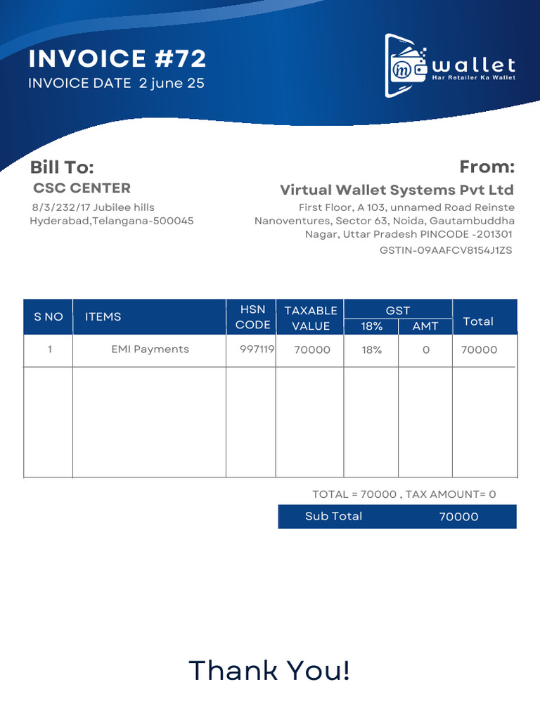 Invoice #72 for EMI Payments | PDF