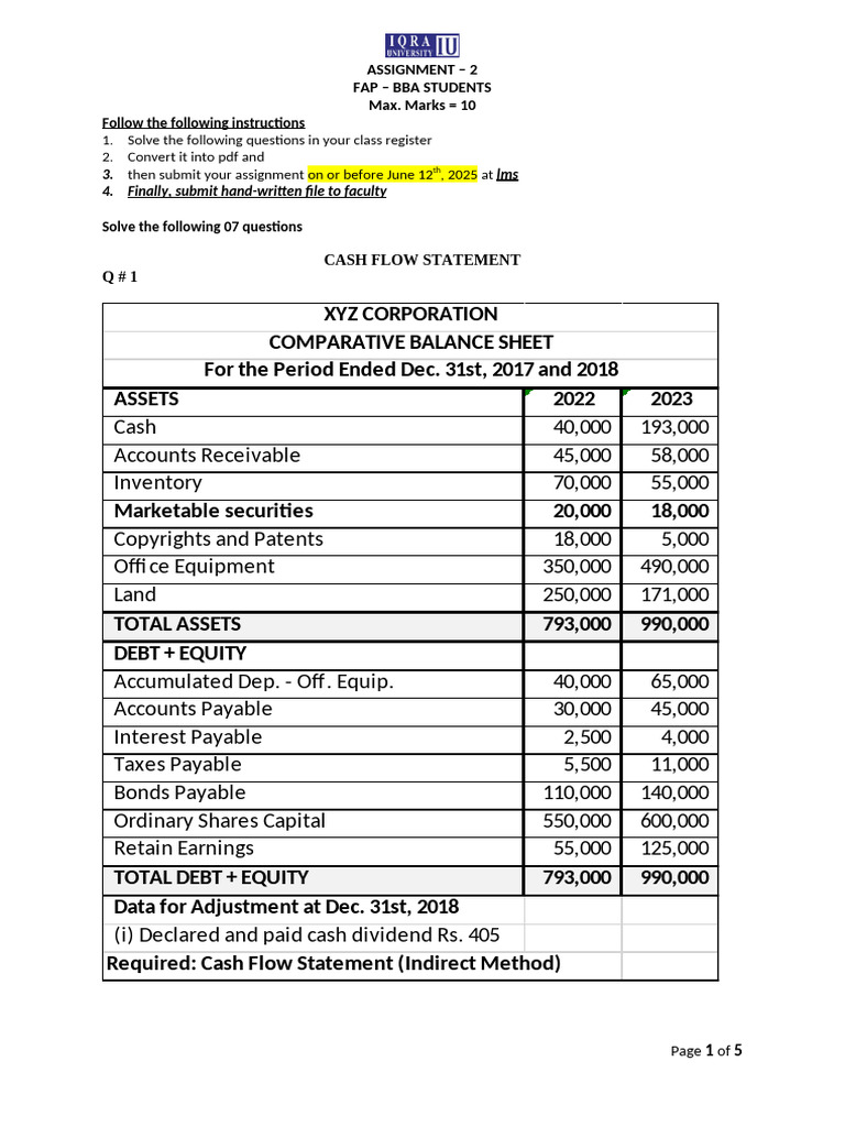 Cash Flow Statement Assignment Guide | PDF | Debits And Credits ...