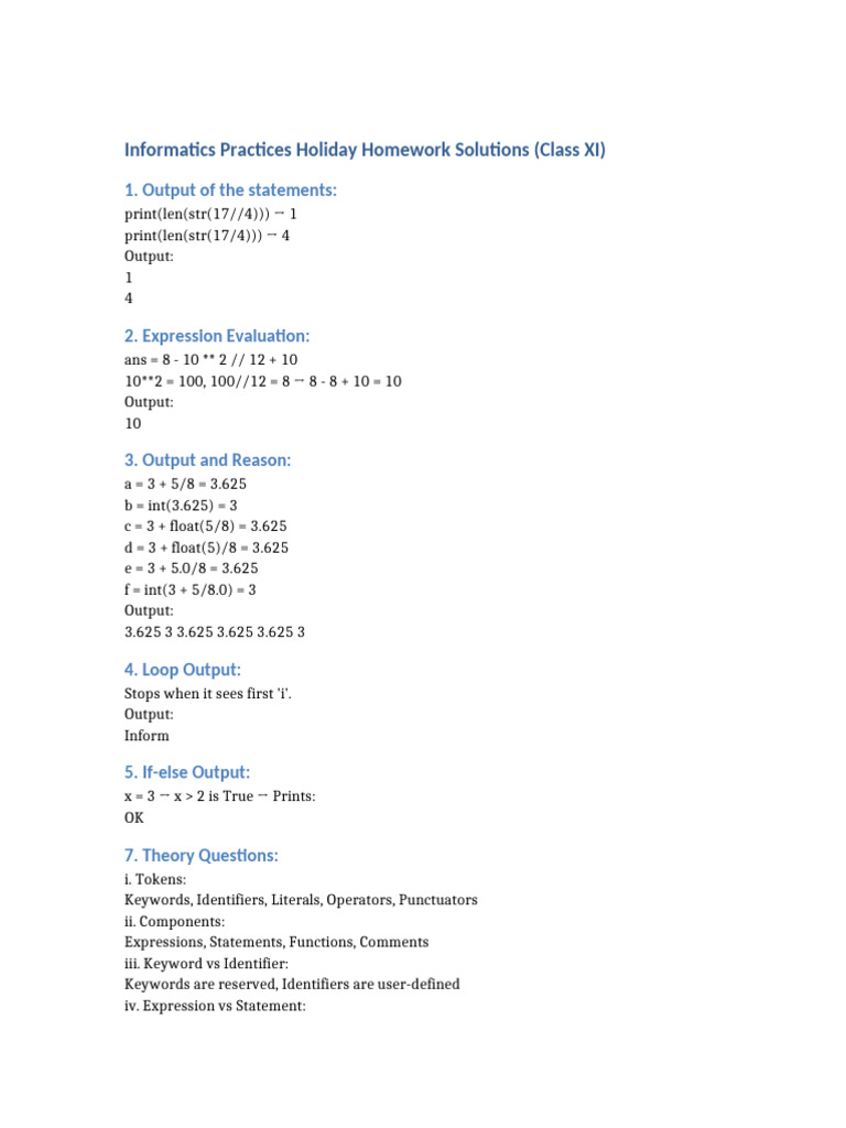 Holiday Homework Solutions for Class XI | PDF