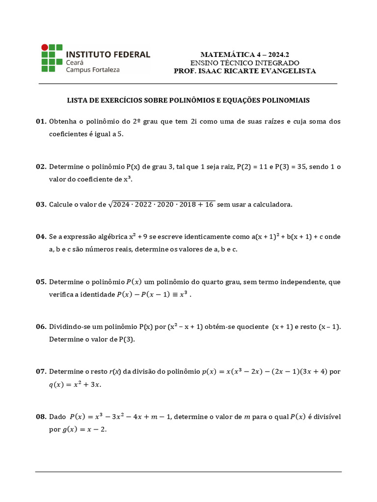 Exercícios de Polinômios e Equações | PDF | Divisão (Matemática) | Equações
