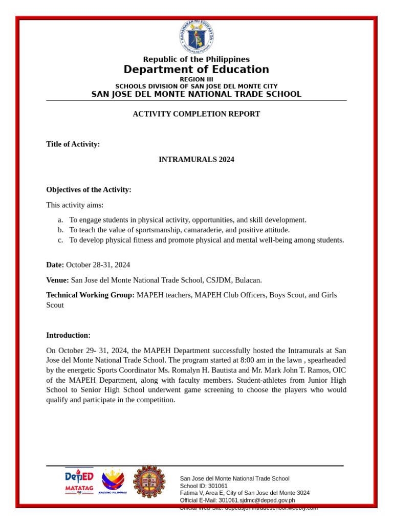 Activity Completion Report - Intramurals 2024 | PDF