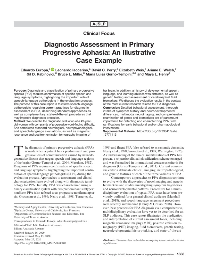 Diagnostic Assessment of Primary Progressive Aphasia | PDF | Aphasia ...