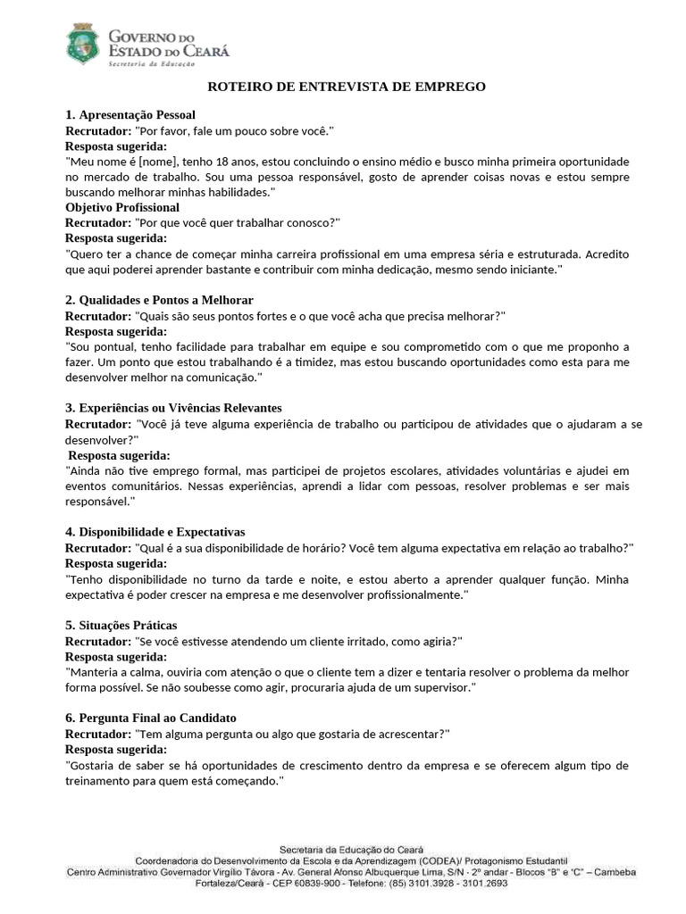 Roteiro para Entrevista de Emprego | PDF | Comunicação
