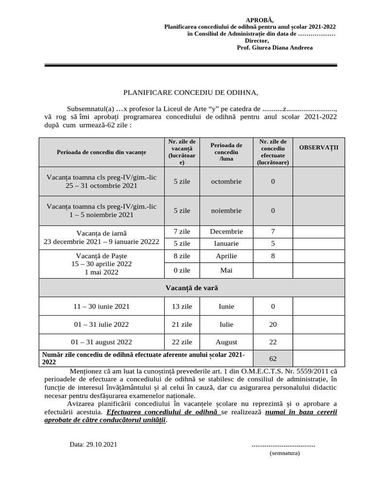 Model Cerere Programare Concediu | PDF