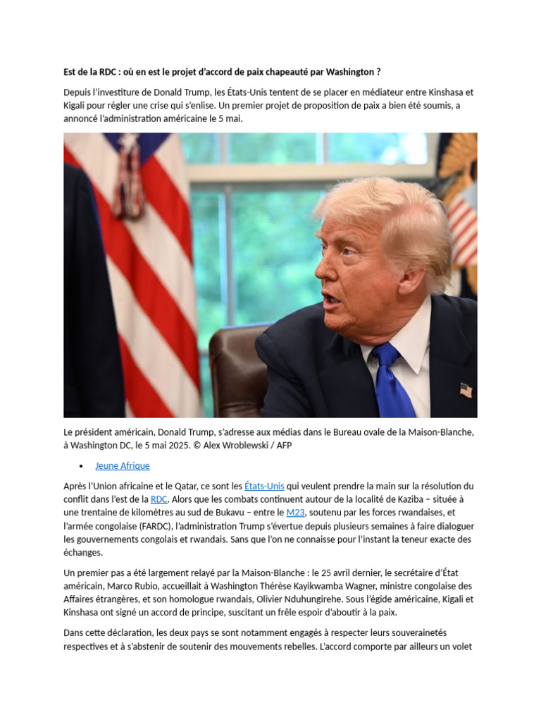 Accord de paix RDC-Rwanda à Washington | PDF | République démocratique ...