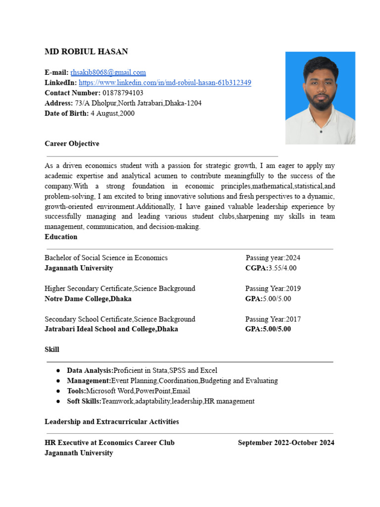 Economics Student Resume and Skills | PDF