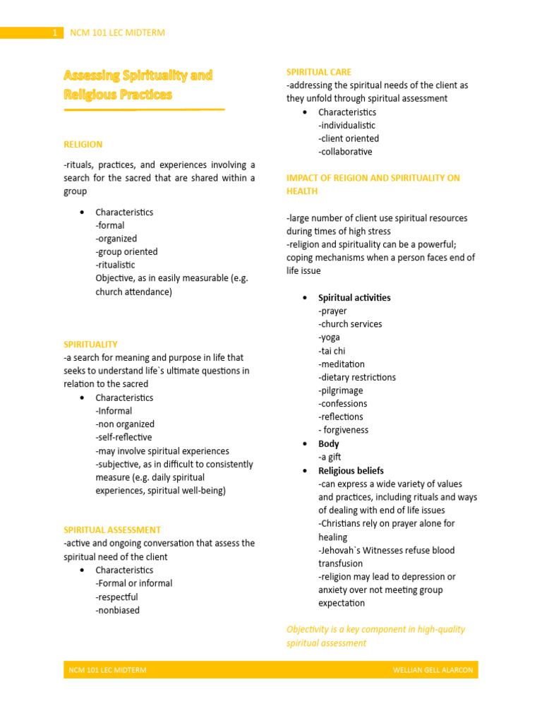 NCM 101 Midterm: Spirituality & Health | PDF | Ear | Neck