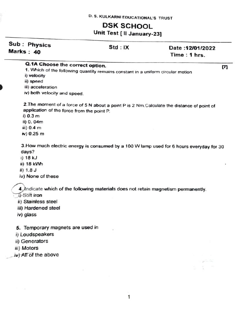 Physics Unit Test Questions and Answers | PDF | Force | Velocity