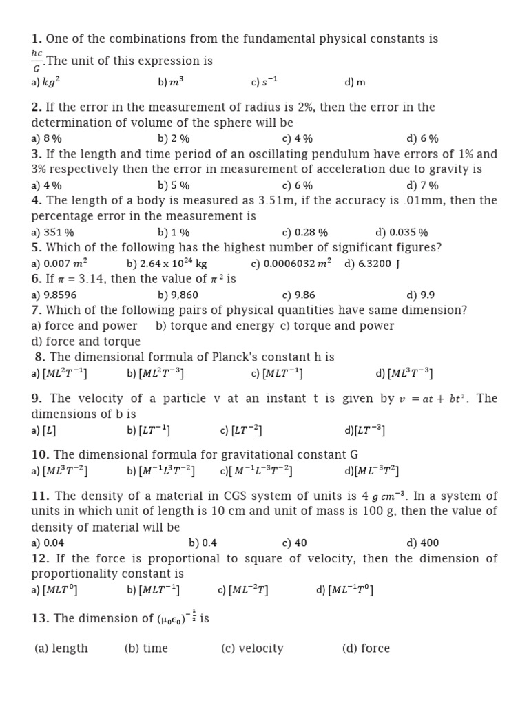 Physics Measurement and Error Analysis Quiz | PDF | Gases | Acceleration