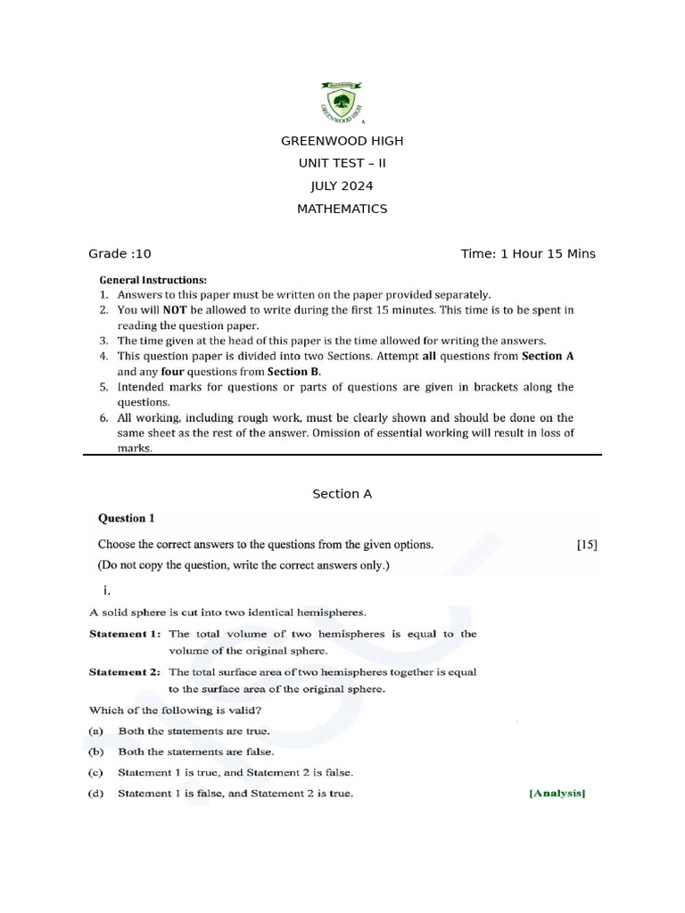 Grade 10 Maths Unit Test II | PDF