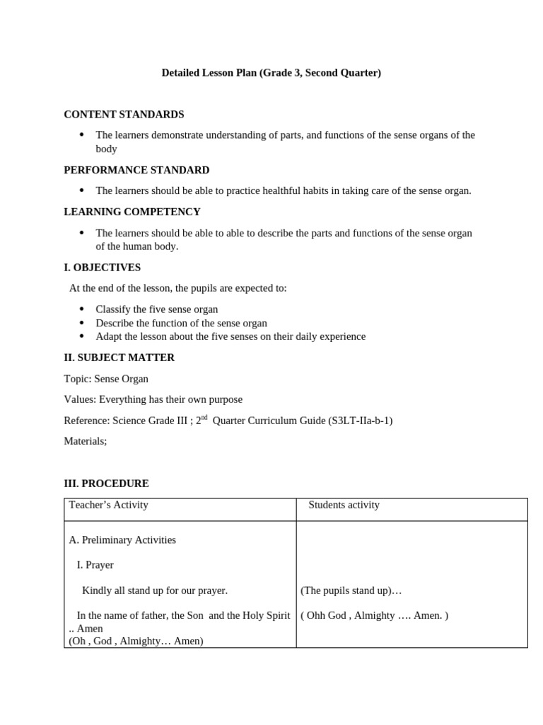 Detailed Lesson Plan in Science Grade 3 - 071618 | PDF | Senses ...