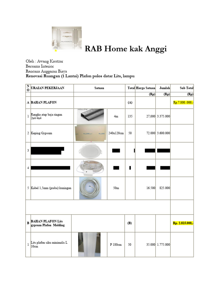 RAB Renovasi Plafon dan Dinding Rumah | PDF