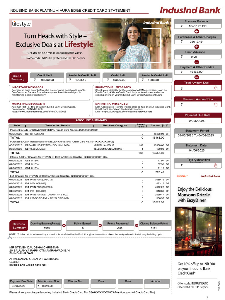IndusInd Bank Credit Card Statement Summary | PDF | Credit Card | Payments
