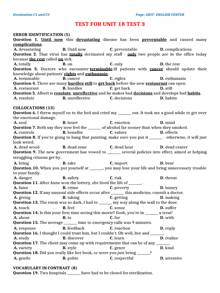 Test Answers for Unit 18 | PDF