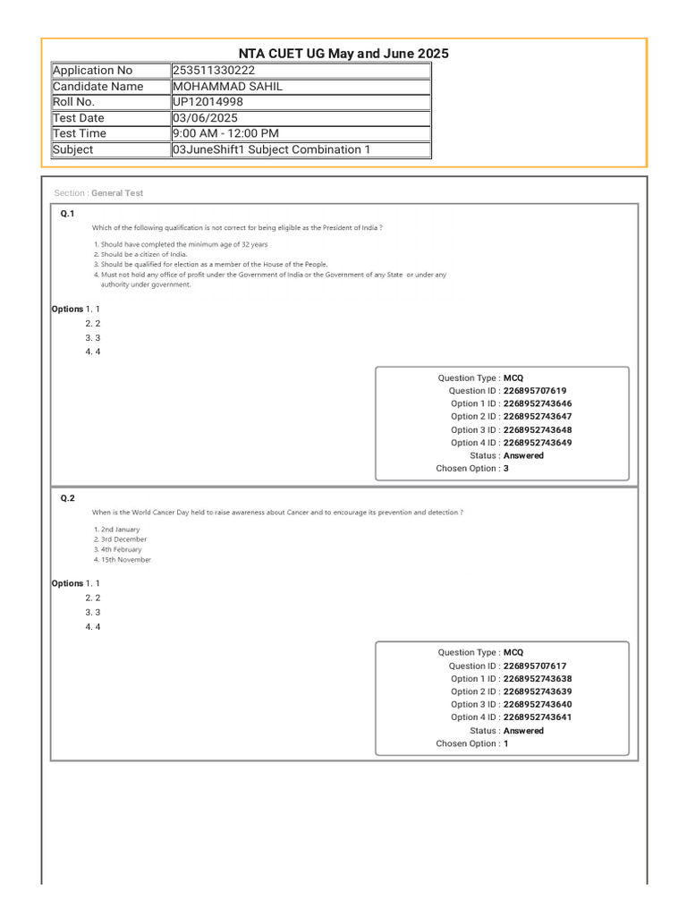 CUET UG 2025 MCQ Answer Key | PDF | Multiple Choice | Standardized Tests