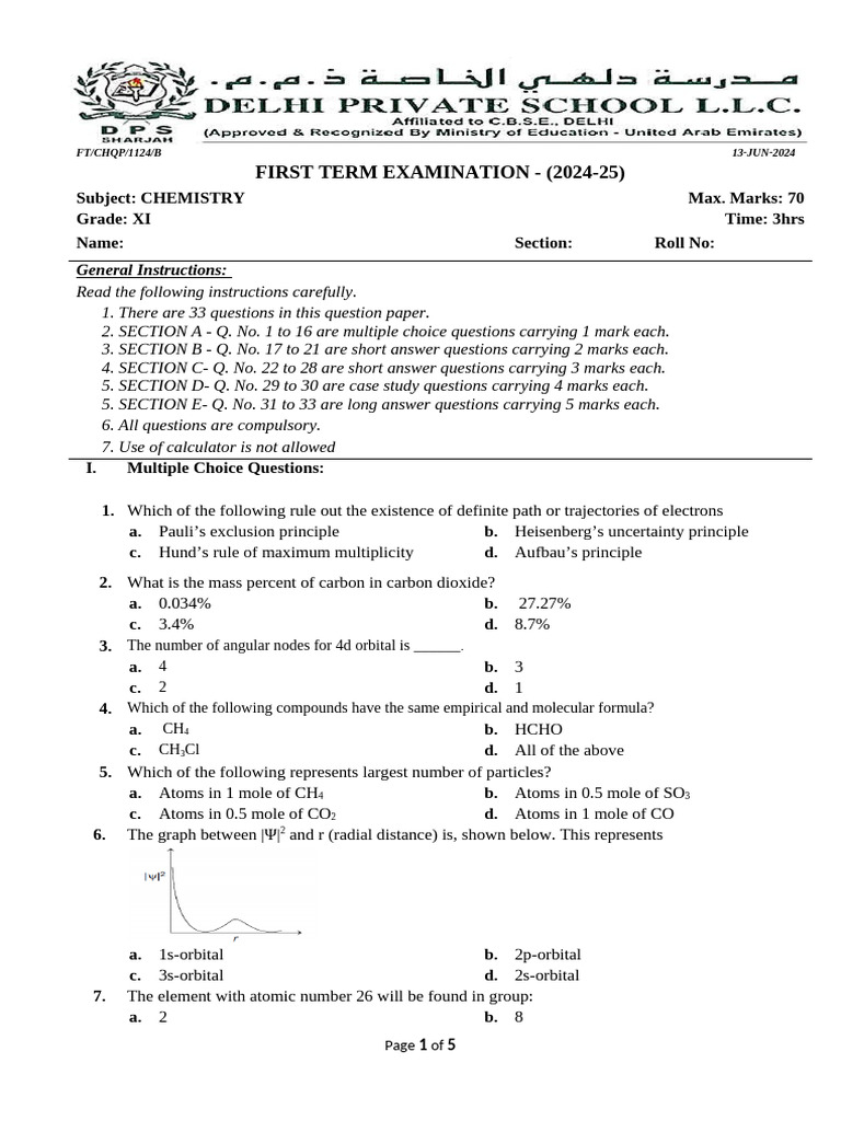 Chemistry XI First Term Exam 2024-25 | PDF | Atomic Orbital | Atoms