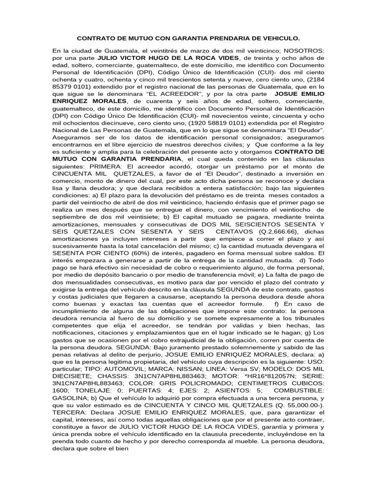 Contrato de Mutuo con Prenda de Vehículo | PDF | Pagos